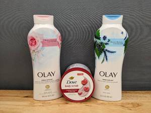 lot 86A image: Brand New Dove Crushed Cherries & Chia Milk Body Scrub and 2 Bottles of Olay Fresh Outlast Body Wash  I