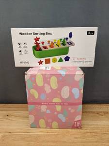 lot 97A image: New Montessori Kid Toys Wooden Activity Cube and Wooden Shapes Sorting Box F