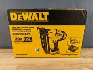 lot 15A image: Brand New DeWalt 20V MAX XR 16-Gauge Cordless Angled Finish Nailer Kit O