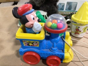 MICKEY MOUSE PULL TOY WITH SIPPY CUP SLINKY AND BACK TO THE FUTURE TOY