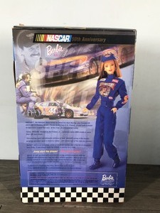 lot 197 image: Mattel 1998 Nascar 50th Anniversary Barbie in Original Box - Hot Wheels race car in the background 