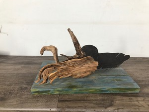 lot 202 image: Cut out Painted Wood Duck Displayed with Drift Wood