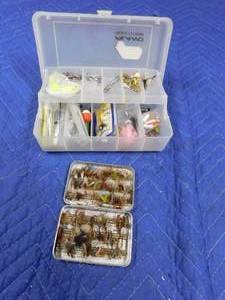 lot 260 image: Plano tackle box with tackle and a metal fly box of flies