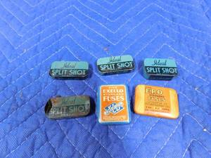 lot 265 image: Vintage split shot tins with split shots inside and vintage fuse tins with fuses