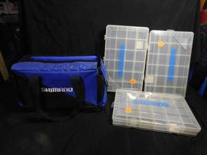 lot 309 image: Shimano tackle box case with 3 tackle boxes inside
