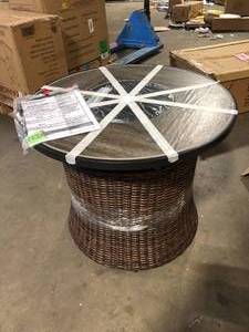 lot 10 image: Home Decorators Collection Kettering 29.92 in. x 25 in. Round Steel Propane Gas Brown Fire Pit  Customer Returns See Pictures