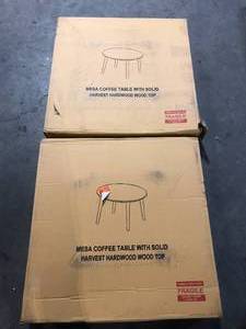 lot 14 image: Lot of 2 Mesa 28 in. Natural Medium Round Wood Coffee Table by American Trails    Customer Returns See Pictures