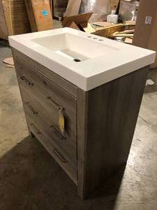 lot 25 image: Glacier Bay Woodbrook 30 in. W x 19 in. D x 34 in. H Single Sink Bath Vanity in White Washed Oak with White Cultured Marble Top Customer Returns See Pictures