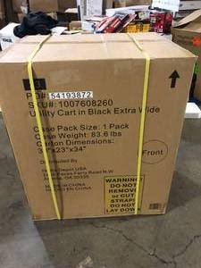 lot 27 image: HUSKY Extra Wide Utility Cart with Wooden Top in Black (28 in. W x 37.5 in. H x 21.5 in. D)   Customer Returns See Pictures