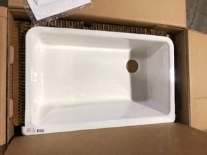 lot 48 image: KOHLER Whitehaven Farmhouse Apron Front Cast Iron Self-Trimming 36 in. Single Basin Kitchen Sink in White with Basin Racks  Customer Returns See Pictures