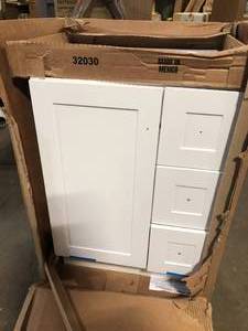 Glacier Bay Bannister 24 in. W x 19 in. D x 35 in. H Single Sink Freestanding Bath Vanity in White with White Cultured Marble TopCustomer Returns See Pictures
