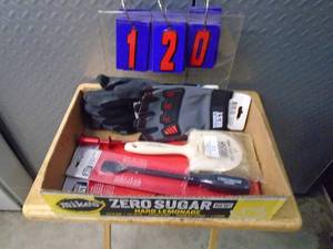 Flat of tools & gloves. As shown.