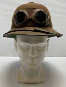 WWII German Africa Corps Pith Helmet And Liner With Dust Goggles (Strap Repaired)