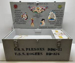 Vintage U.S. Navy Officers Wooden Foot Locker With Hand Painted Images (VERY COOL PIECE)
