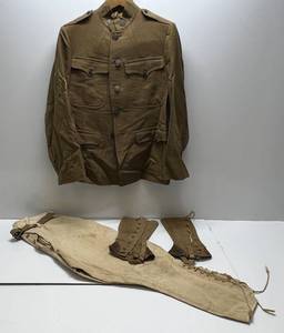 WWI U.S. Army Summer Tunic With Breeches, Belt & Pair Of Leggings From Minnesota Soldier Possible 34th Div.  (Goes With Lot 72) Jacket Has Loose Piece On Inside Collar From Normal Wear