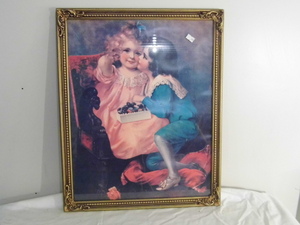 lot 14 image: Antique Frame Print of toddlers boy kissing girl