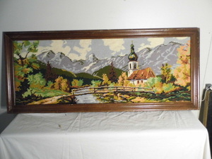 lot 26 image: Needlepoint Late Autumn Fall Mountain View Church Bridge