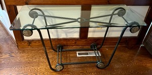 lot 9 image: Ornate Metal Glass Top Console Table