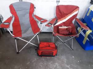 lot 24 image: 2 folding camp chairs and a cooler