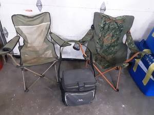 lot 26 image: 2 folding camp chairs and a cooler