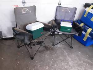 lot 27 image: 2 folding fishing chairs and 2 coolers