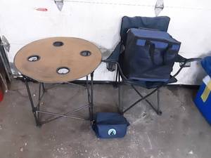 lot 28 image: folding camp chair, table and 2 small coolers