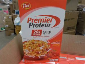 lot 114 image: 2 x 8 x 9 oz boxes Post Premier Protein Mixed Berry Almond Cereal Best by 082023
