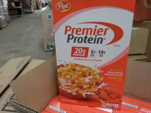 lot 117 image: 2 x 8 x 9 oz boxes Post Premier Protein Mixed Berry Almond Cereal Best by 082023