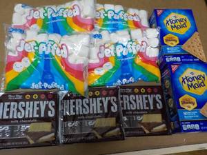 lot 306 image: 2 Boxes Honey Maid Graham Crackers, 4 bags Jet Puffed Marshmallows and 4 - 6 packs Full Size Candy Bars