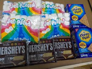 lot 307 image: 2 Boxes Honey Maid Graham Crackers, 4 bags Jet Puffed Marshmallows and 4 - 6 packs Full Size Candy Bars
