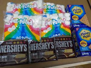 lot 308 image: 2 Boxes Honey Maid Graham Crackers, 4 bags Jet Puffed Marshmallows and 4 - 6 packs Full Size Candy Bars