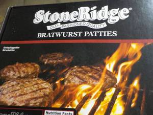 lot 355 image: D Frozen 5 lb. Box Ridge Bratwurst Patties Party Box- various flavors