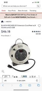 BLACKDECKER (82530693) 25 Extension Cord Reel w4 Outlets and 2 USB ($46 Retail Value)