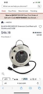 BLACKDECKER (82530693) 25 Extension Cord Reel w4 Outlets and 2 USB ($46 Retail Value)