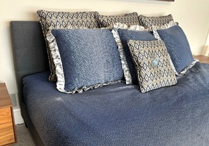 lot 9 image: Upholstered  King Bed Headboard and Frame with Coordinating Bedding