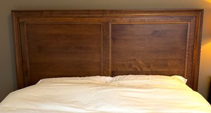 lot 98 image: Wooden Queen Headboard, Frame and Bedding