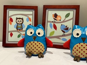 lot 209 image: Set of Three Whimsical Framed Prints and a Pair of Fun Owl Figurines