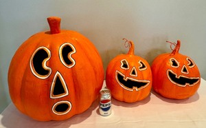 lot 232 image: Three Pottery Barn Kids Decorative Pumpkins and Halloween Flag