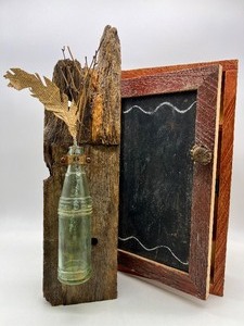 lot 42 image: Reclaimed Barn Wood Cabinet & Artisan Vase Art