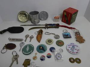 lot 334 image: Vtg Junk Drawer Collectibles Pinbacks Remmington