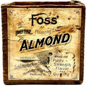 lot 141 image: Vintage FOSS PURE FLAVORING EXTRACT Almond Box with 3 Vanilla Bottles and 1 Orange Extract Bottle in Box