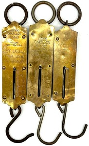 lot 150 image: Vintage lot of 3 Antique Collectable Brass Face JOHN CHATILLON & SONS MARKERS New York USA Hanging Scales
