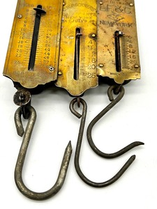 lot 154 image: Vintage lot of 3 Antique Collectable Brass Face LF&C NEW YORK, C. FORSCHNERs BALANCE No2, & OVERLAND HANDY SCALE N0 241 Hanging Scales