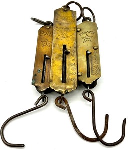 lot 156 image: Vintage lot of 3 Antique Collectable Brass Face PS & WCo WARRANTED BALANCE Hanging Scales