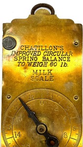 lot 162 image: Vintage lot of Antique Collectable Brass Face CERTIFIED CHATILLONS IMPROVED CIRCULAR SPRING BALANCE TO WEIGH 60LBS MILK Hanging Scale