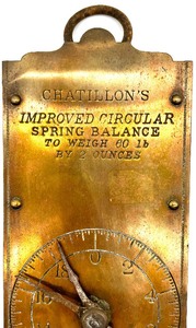 lot 164 image: Vintage lot of Antique Collectable Brass Face CHATILLONS IMPROVED CIRCULAR SPRING BALANCE TO WEIGH 60Lbs By 2 Ounces WARRANTED NEW YORK Hanging Scale