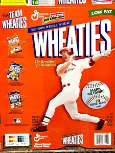 lot 202 image: WHEATIES Box with MARK MCGUIRE Commemorating his 70 Home Run Hits