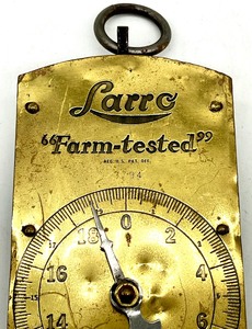lot 171 image: Vintage lot of Antique Collectable Brass Face LARRO FARM TESTED REG US PAT OFF 3794 R.H. FOR SCHNER CO NEW YORK, NY Hanging Scale