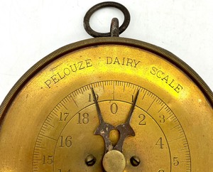 lot 172 image: Vintage lot of Antique Collectable Brass Face PELOUZE DAIRY Hanging Scale