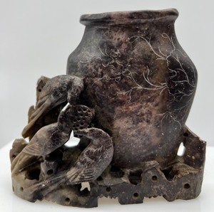 lot 284 image: Vintage Asian Carved Soapstone Sculpture Vase - Bird Motif